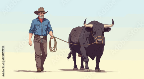 A cowboy in a hat blue shirt and jeans leads a dark bull with horns by a rope across a light sandy ground under a blue sky