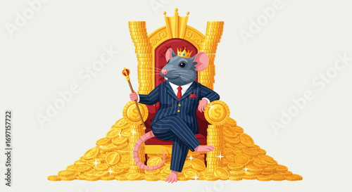 A cartoon rat in a pinstripe suit crown and scepter sitting on a throne made of gold coins amidst a large pile of coins