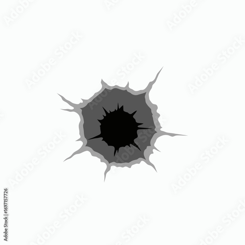 A dark gray and black jagged bullet hole with a starlike outline is centered on a plain white background