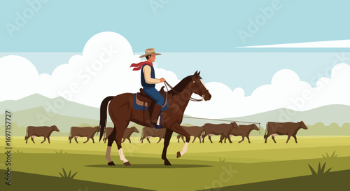 A cowboy on a brown horse wearing a hat and red bandana herding brown cows in a green field with mountains and clouds