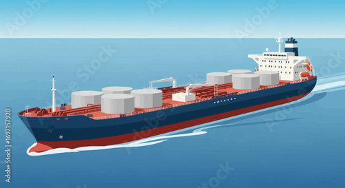 A large blue and red tanker ship with cylindrical cargo tanks on deck sails across a calm blue ocean leaving a white wake