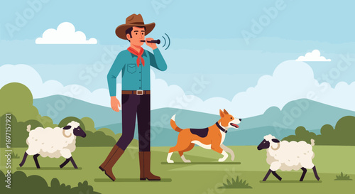 A male shepherd whistles to his herding dog while two sheep walk in a green field with mountains under a blue sky