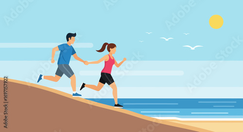 A man and woman in athletic wear run handinhand up a sandy dune beside the ocean under a sunny sky with gulls