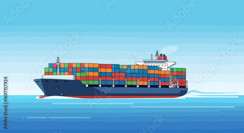 A large container ship sailing on the ocean under a blue sky laden with colorful shipping containers