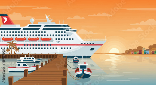 A large cruise ship docked at a wooden pier with smaller boats during an orange sunset featuring a distant town