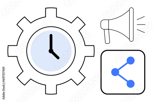Clock inside gear, megaphone with sound waves, network sharing diagram. Ideal for productivity, teamwork, communication strategy, scheduling, time management, digital marketing simple landing page