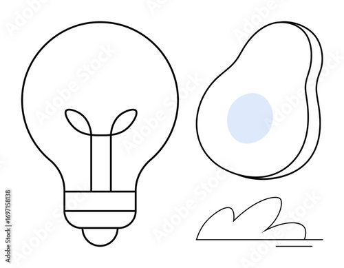 Light bulb symbolizing creativity, avocado as health or lifestyle, and a cloud representing ideas or nature. Ideal for innovation, sustainability, wellness, minimalism, health, brainstorming simple