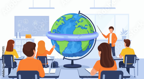 A teacher points at a large globe in a classroom with several students seated at desks learning about geography