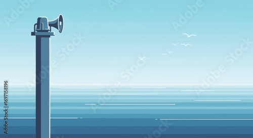A tall pole with a loudspeaker overlooks a striped blue ocean under a clear sky with white birds flying in the distance