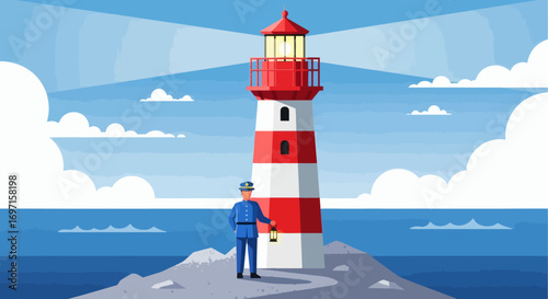 A uniformed man with a lantern stands near a red and white lighthouse on a rocky coast with the ocean and sky