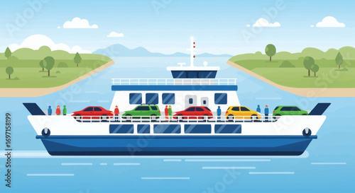 A white and blue car ferry with cars and passengers on deck moving on water between green treecovered land