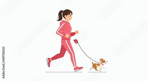 An illustration of a woman in a pink tracksuit jogging with her small brown and white dog on a leash