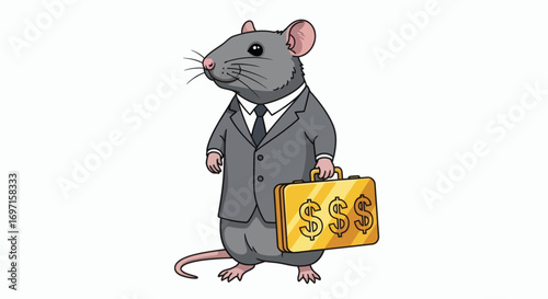An upright grey rat in a business suit holds a golden briefcase with dollar signs on a white background