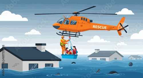 An orange rescue helicopter hovers over a flooded town lifting a family in a boat with a rescuer