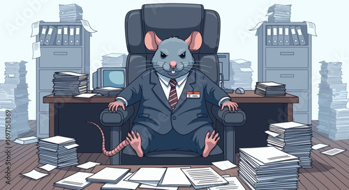 Angry grey rat in a business suit with an ID badge sits in an office chair amidst large paper stacks