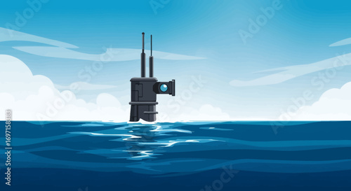 Animated submarine periscope and masts rise from deep blue ocean waves under a light blue sky with scattered clouds