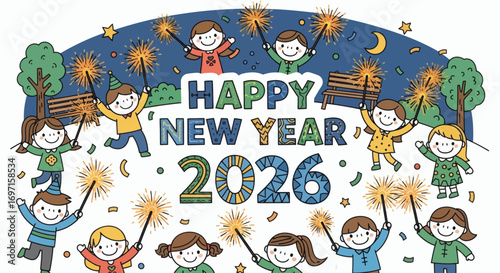 Cartoon children with sparklers celebrate Happy New Year 2026 in a park at night with confetti