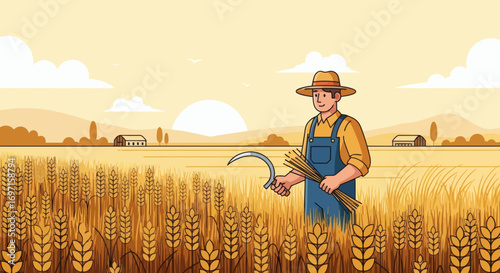 Cartoon farmer harvesting wheat with a sickle in a golden field at sunset with barns and hills in the background