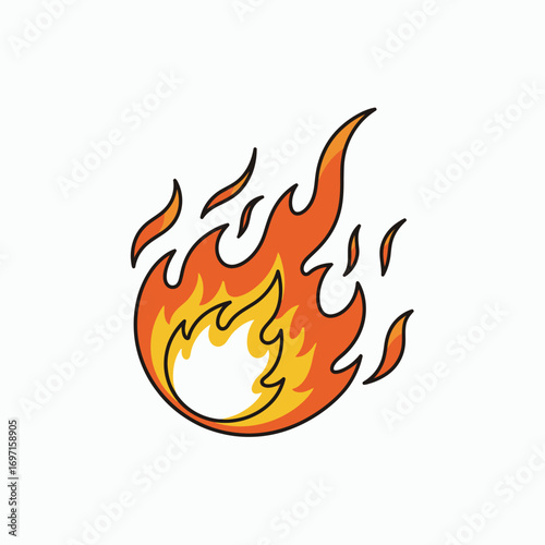 Cartoon illustration of fire with orange and yellow flames outlined in black featuring smaller floating sparks