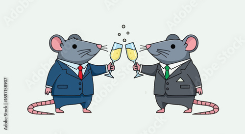 Cartoon mice in business suits toasting with champagne flutes bubbles above clinking glasses
