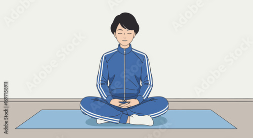 Cartoon person in blue tracksuit meditating crosslegged on a yoga mat indoors