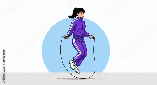Cartoon woman in purple tracksuit jumproping black hair ponytail blue background grey floor