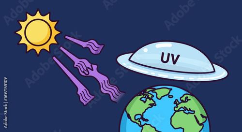 Cartoon sun emitting purple UV rays towards Earth blocked by a transparent dome labeled UV in space