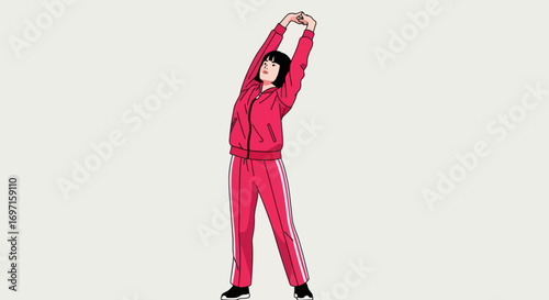 Cartoon woman with black bob hair in a pink tracksuit stretching arms overhead against a light background