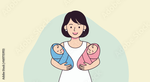 Cartoon woman with dark hair holding two swaddled newborns one in blue one in pink