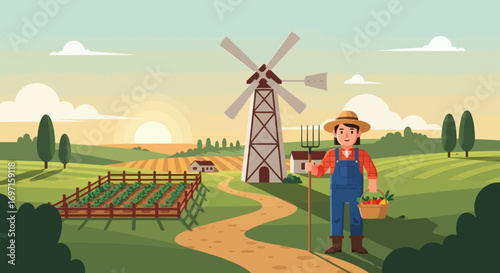 Cheerful farmer on a dirt path with pitchfork vegetable basket windmill fields and houses at sunrise