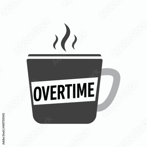 Dark grey coffee mug with OVERTIME text on white band light grey handle and rising steam