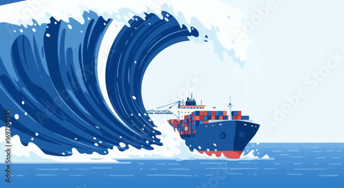 Container ship navigating a massive blue ocean wave with white foam and splashes on a bright day