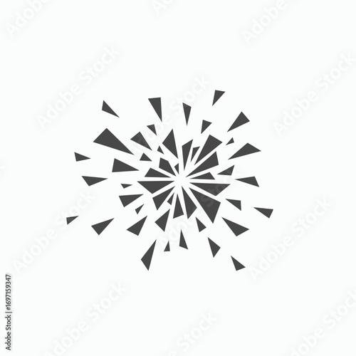 Dark grey triangular shards explode outwards from a central point scattered on a white background