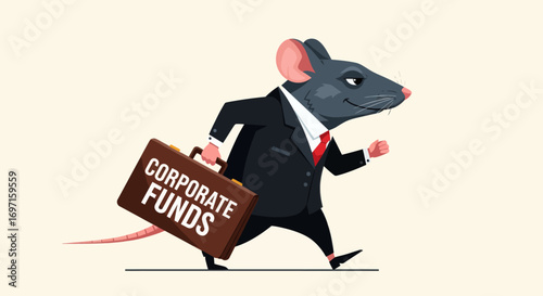 Gray cartoon rat in business suit carrying CORPORATE FUNDS briefcase walking left on a plain beige background