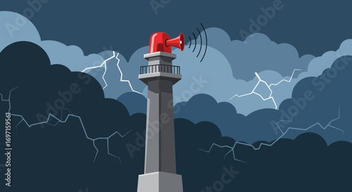 Grey lighthouse with a red siren emitting sound waves against a dark stormy sky with blue clouds and white lightning