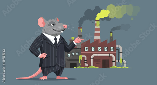 Grey rat in suit points at polluting factories with green slime and thick yellowgrey smoke