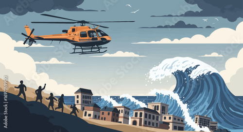 Orange helicopter over a coastal town with people fleeing a giant tsunami wave under dark skies
