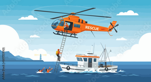 Orange rescue helicopter aids people in ocean near a fishing boat with rescuer on ladder