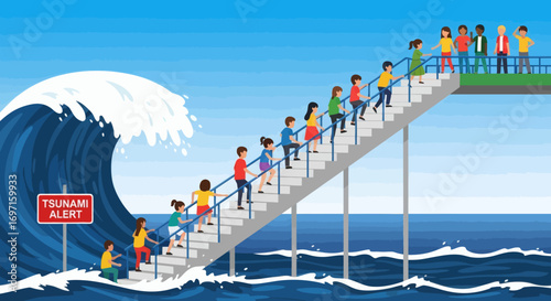 People ascend stairs to a safe platform as a large tsunami wave with an alert sign approaches from the left