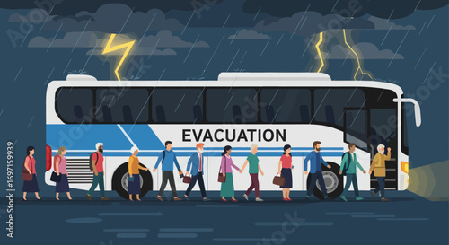 People line up to board a white and blue EVACUATION bus in heavy rain with lightning from dark clouds