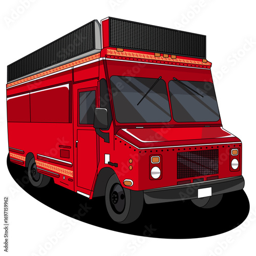 A red food truck with a service window and sleek design, ideal for mobile vending or street food events on transparent background.