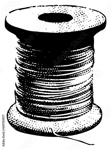 Vector Detailed black spool of thread with trailing end .