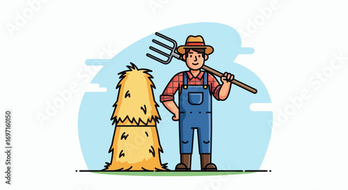 Smiling farmer in hat and overalls holds a pitchfork standing by a tall hay bale on green ground with a light blue background