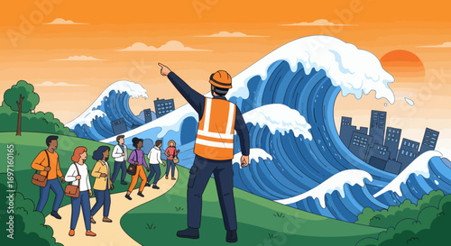 Safety worker points ahead guiding a group on a path away from a city hit by giant waves under an orange sky