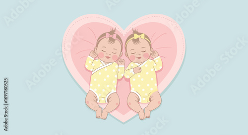 Two sleeping infant girls in yellow polka dot bodysuits with bows on a pink heart pillow light blue background