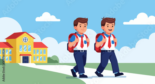 Two schoolboys in uniform with backpacks walk on a path towards a yellow school building under a blue sky