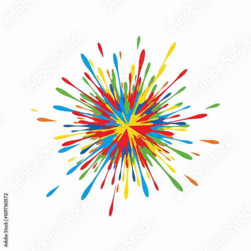 Vibrant paint splatters burst outwards from a central point against a plain white background