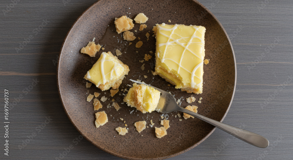 Fototapeta premium Messy Remnants of a Devoured Vanilla Slice on a Rustic Plate