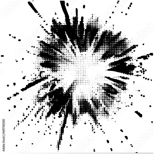Vector Dynamic explosion burst with halftone dots and splatter shapes.