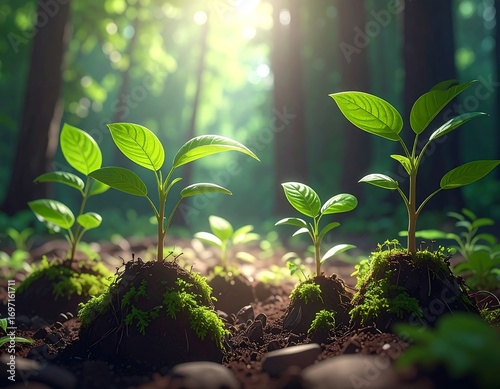 Young plants sprouting in a sunlit forest
